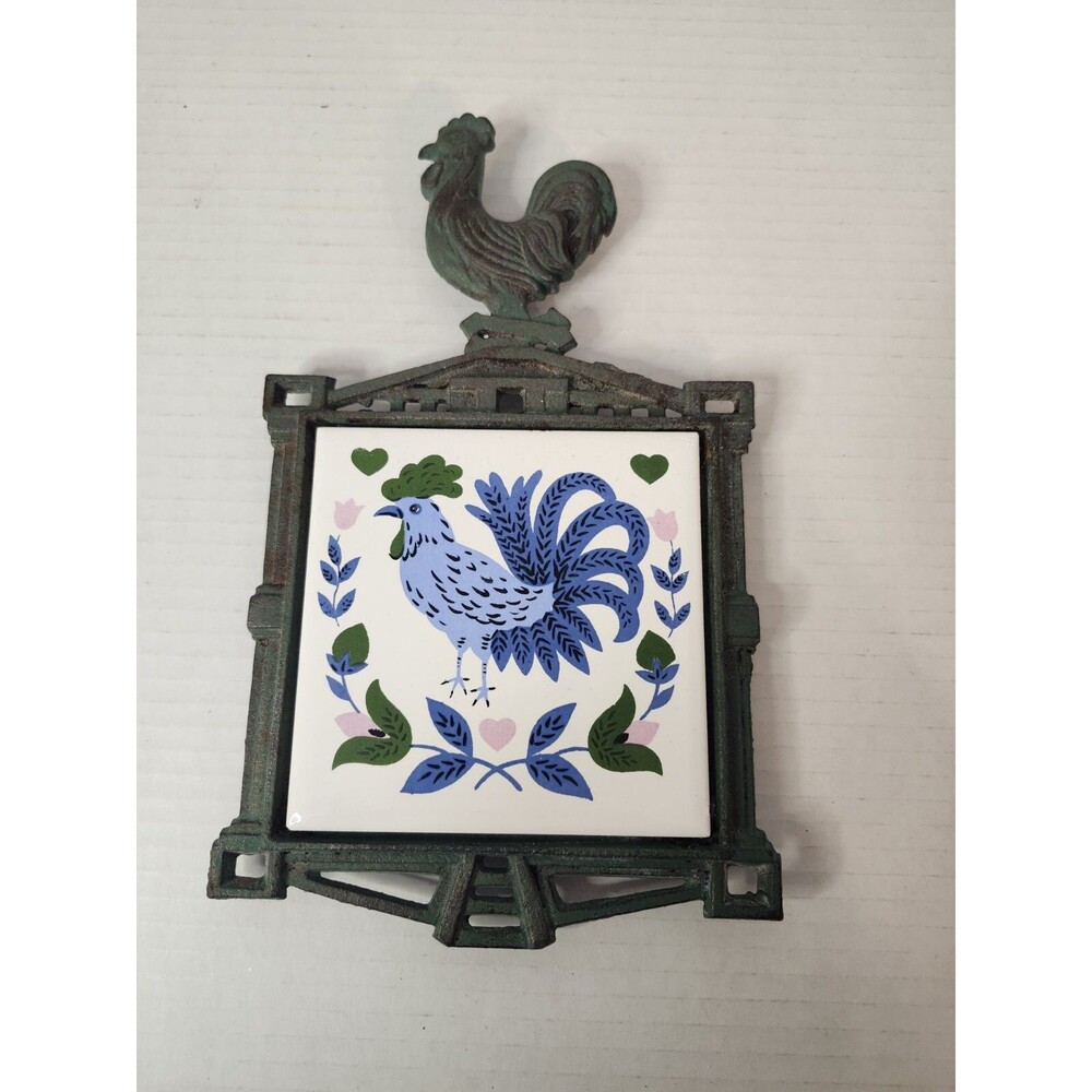 Vintage Japan Trivet Hot Plate Tile & Cast Iron Rooster Cottage Core Farm House